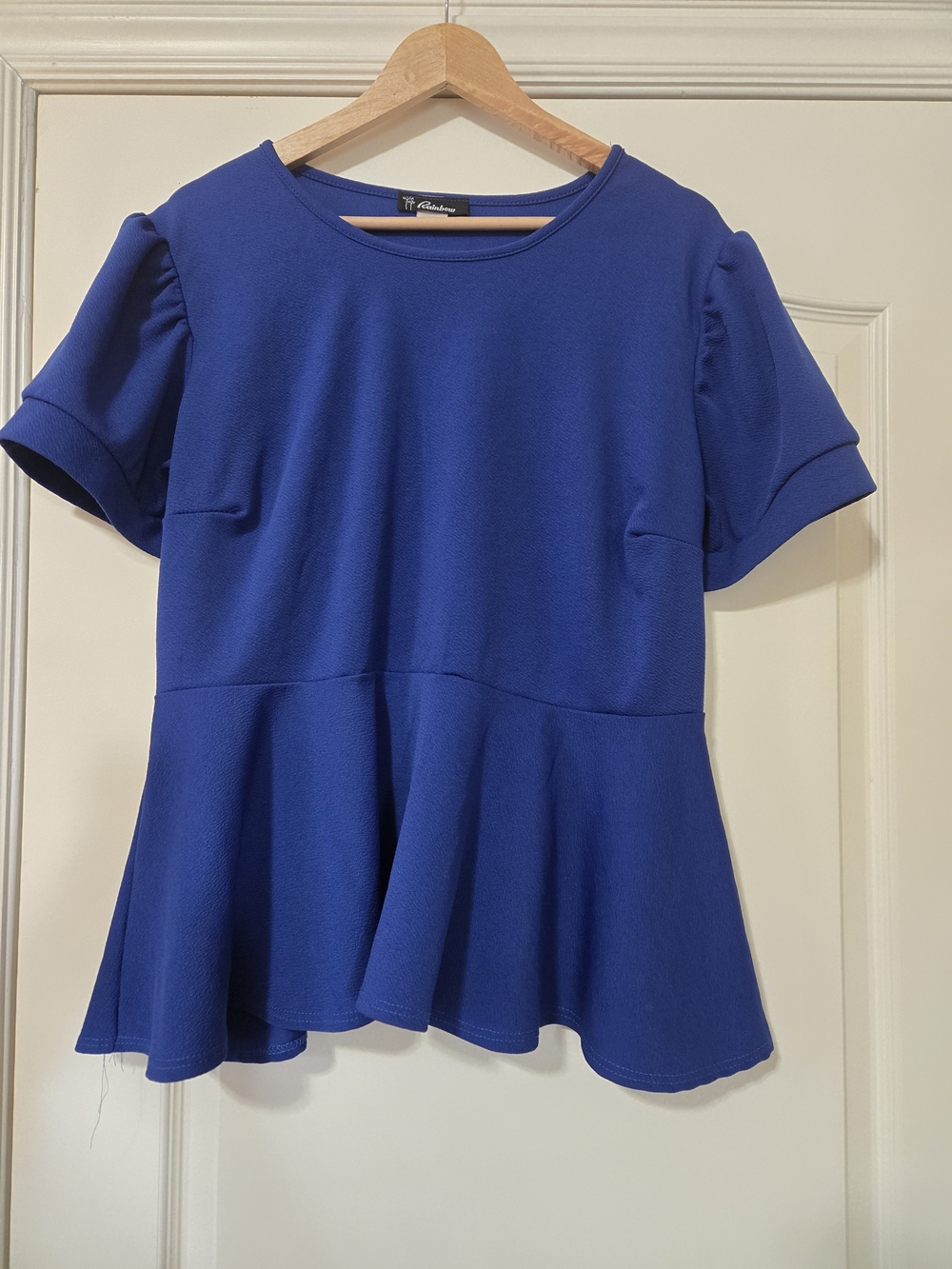 Rainbow Cobalt Blue Peplum Short Sleeve Top Ruffle Fall Business Casual
